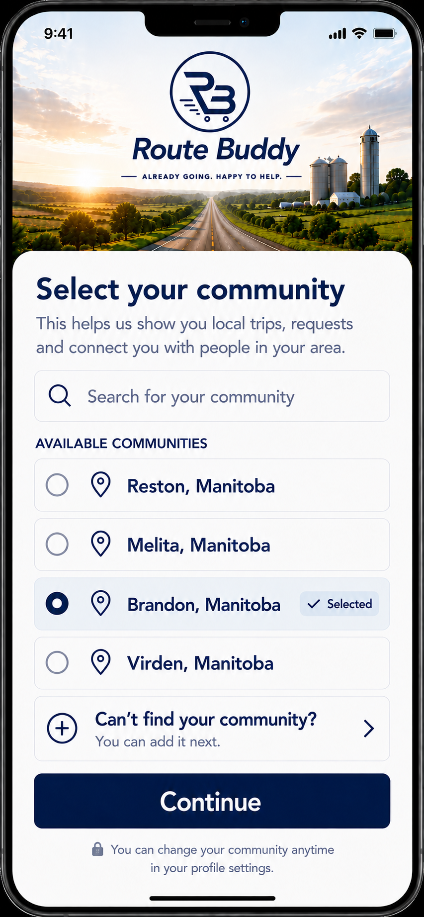 Route Buddy community selection app preview