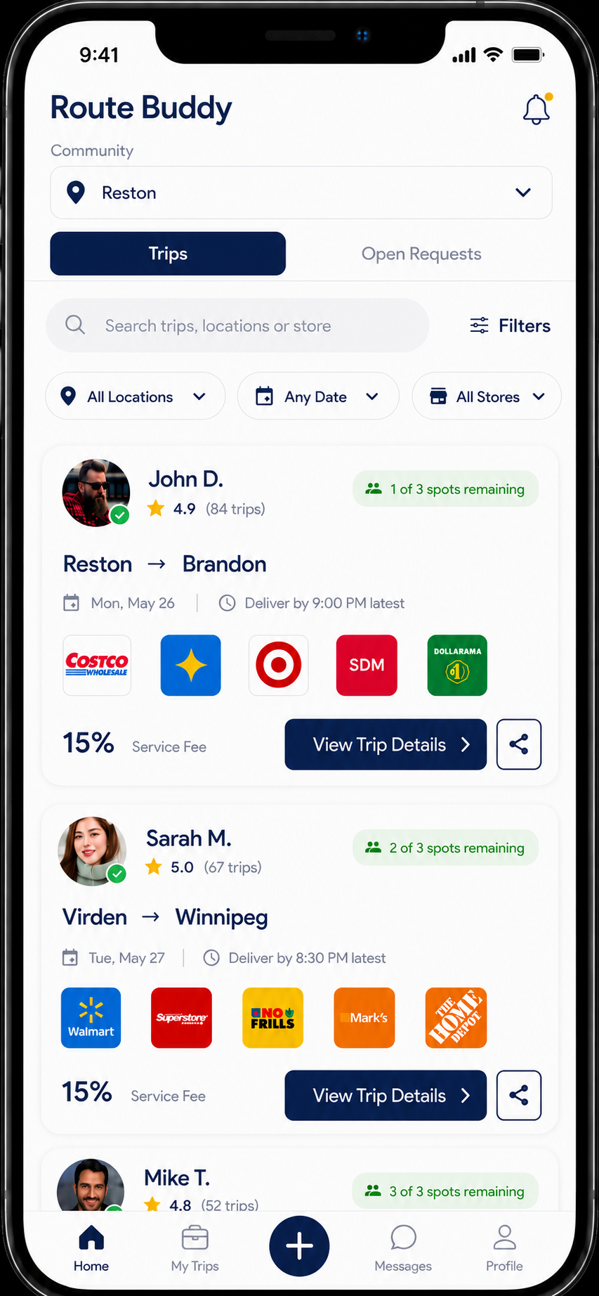 Trips app preview showing upcoming driver routes and delivery details